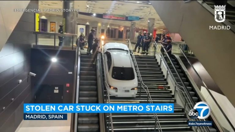 Video: Stolen car by man who tested positive for cocaine gets stuck on metro stairs in Madrid l ABC7