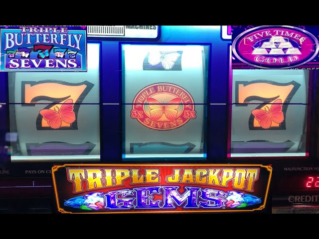 CASINO SLOTS: FIVE TIMES GOLD + TRIPLE JACKPOT GEMS + TRIPLE BUTTERFLY SEVENS SLOT PLAY! SLOT WINS!