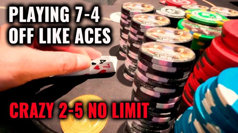 Playing 4-7 OFFSUIT like pocket ACES in this crazy Las Vegas 2-5 No Limit Texas Holdem Poker game!